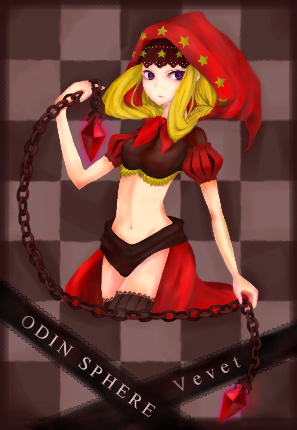 blonde_hair chain character_name copyright_name crop_top highres laika midriff odin_sphere purple_eyes simple_background solo thighhighs velvet_(odin_sphere)