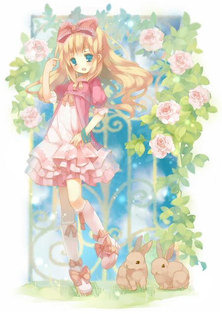 blonde_hair bow bunny dress flower hair_bow long_hair mabinogi nyo_nyo_(mammal) pink_flower pink_rose rose solo