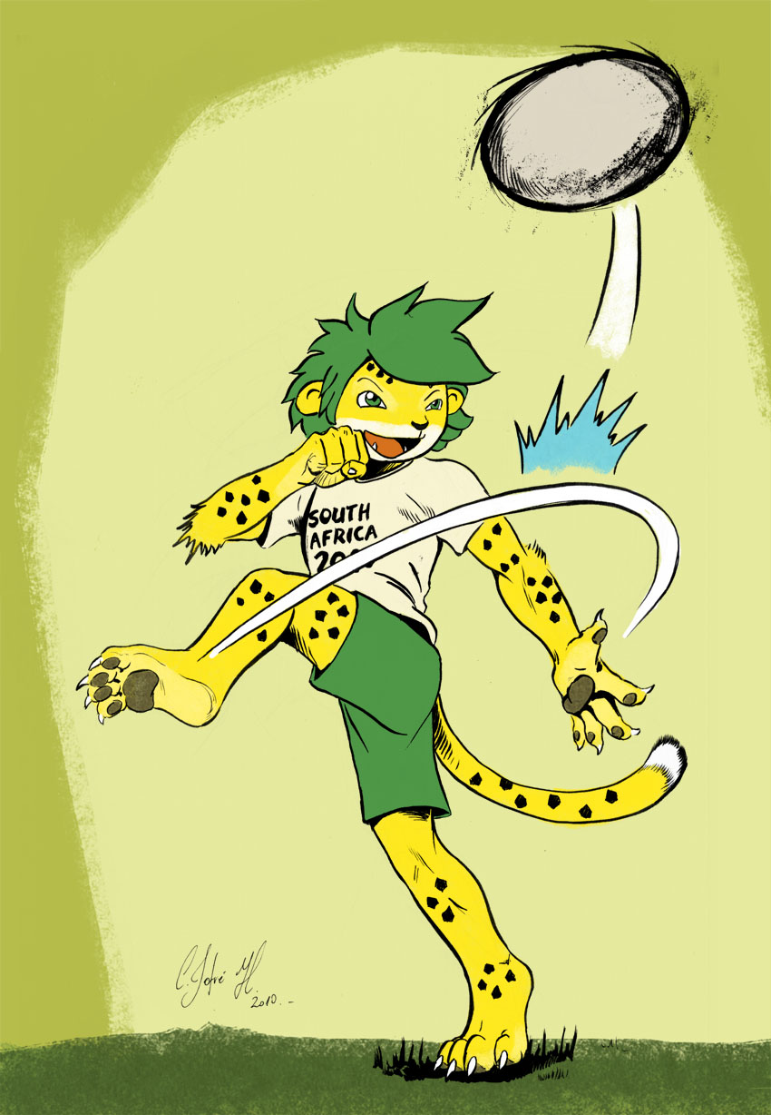 feline green_eyes green_hair hair leopard male mammal negger pawpads soccer_ball solo tail zakumi