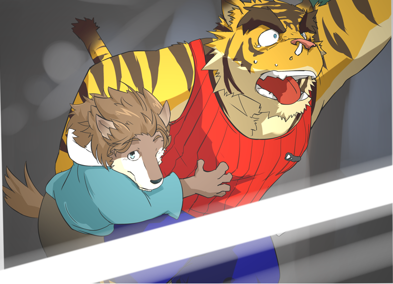 biceps blue_eyes body_markings canine clothing duo feline gay looking_at_viewer male mammal markings morenatsu muscles nanafuse pants pink_nose scared sharp_teeth shirt snot tank_top teeth tiger tongue tongue_out torahiko torahiko_ooshima unknown_artist wolf