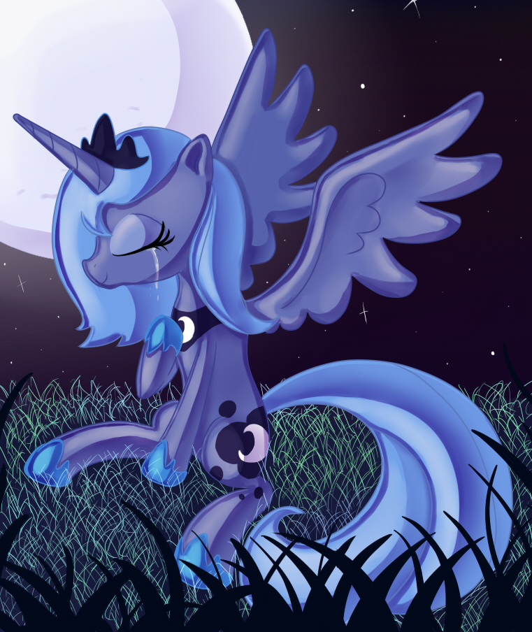 alicorn crying cutie_mark equine female feral friendship_is_magic grass hair hasbro horn horse lonely mammal moon my_little_pony night pegacorn princess_luna_(mlp) sitting smile solo stars tears unknown_artist winged_unicorn wings