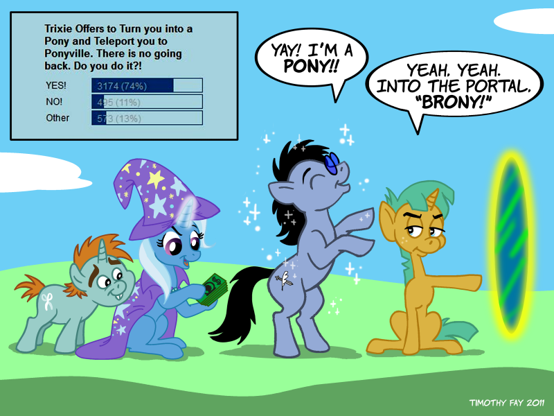 brony cub cutie_mark dialog english_text equine female feral friendship_is_magic hasbro hat horn horse magic male mammal money my_little_pony original_character outside ponification pony portal scam snails_(mlp) snips_(mlp) text timothy_fay transformation trick trixie_(mlp) unicorn wish young