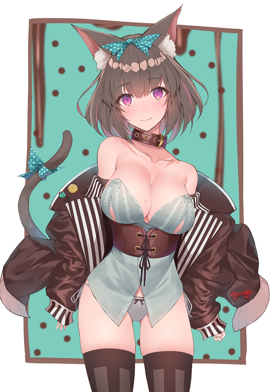 1girl animal_ear_fluff animal_ears bare_shoulders belt_collar blue_shirt blurry blush bow breasts brown_hair brown_jacket brown_legwear cat_ears cat_tail cleavage closed_mouth collar collarbone commentary_request cowboy_shot grey_panties hair_bow head_tilt highres jacket large_breasts long_sleeves looking_at_viewer mole mole_on_breast multicolored_hair no_pants off_shoulder open_clothes open_jacket original panties polka_dot polka_dot_bow purple_eyes ribbon shirt short_hair side-tie_panties skindentation sleeves_past_wrists smile solo standing streaked_hair tail tail_ribbon thighhighs underbust underwear yaman