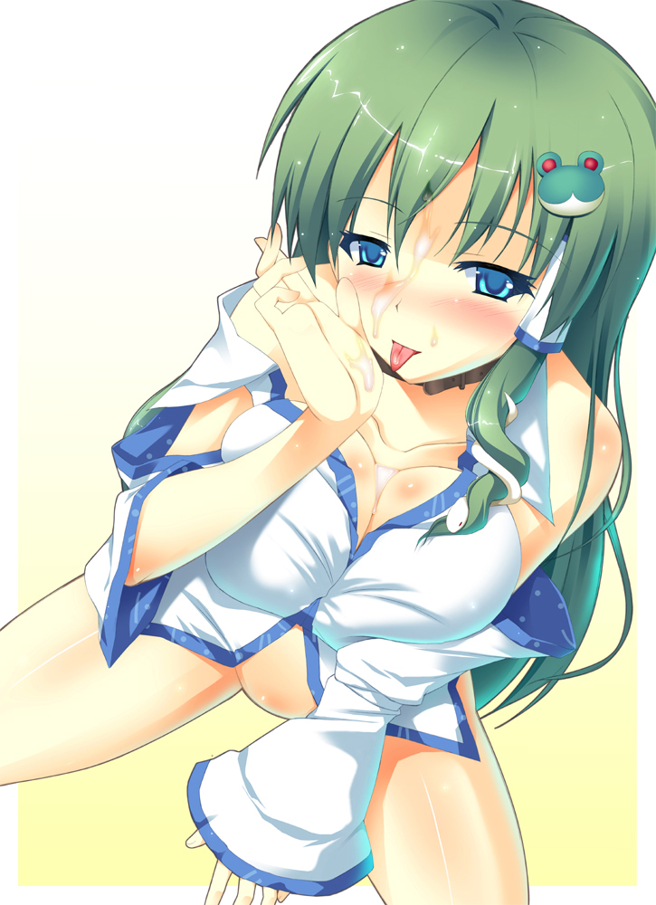 bare_shoulders blue_eyes blush bottomless breasts cleavage cum cum_on_body cum_on_upper_body detached_sleeves frog_hair_ornament green_hair hair_ornament ichio kochiya_sanae large_breasts licking no_pussy off_shoulder simple_background sitting snake solo tongue touhou