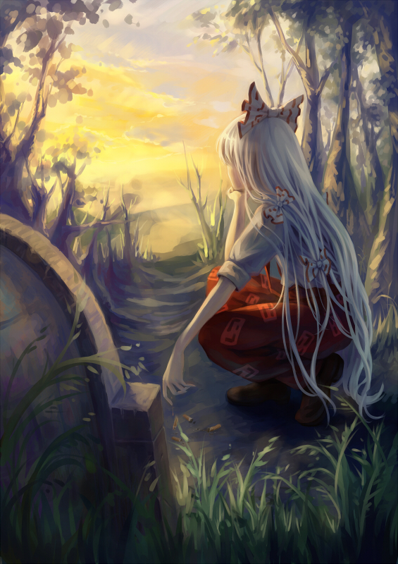 bad_id bad_pixiv_id bow chin_rest cigarette forest from_behind fujiwara_no_mokou grass grave hair_bow long_hair looking_away nature silver_hair sky sleeves_rolled_up solo squatting sunset tombstone touhou tree windyakuma