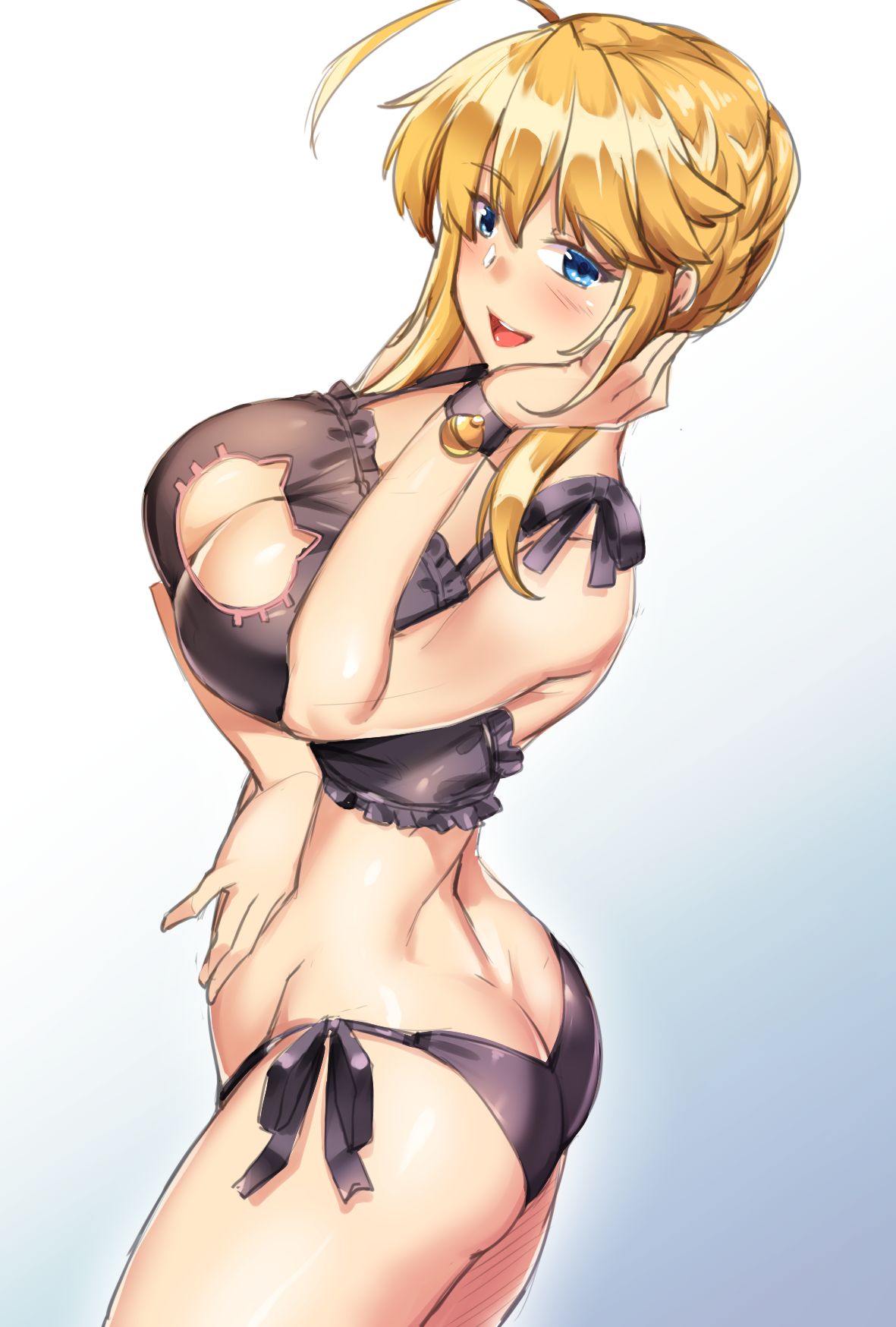 1girl ahoge alternate_costume artoria_pendragon_(all) artoria_pendragon_(lancer) ass bangs bare_arms bare_shoulders bell black_bra black_panties bra braid breast_hold breasts butt_crack cat_cutout cat_ear_panties cat_lingerie cleavage_cutout commentary_request cowboy_shot fate/grand_order fate_(series) french_braid frilled_bra frills from_side gradient gradient_background green_eyes hair_between_eyes highres jingle_bell large_breasts lingerie looking_at_viewer meme_attire open_mouth panties paw_print shirokuma_a side-tie_panties sidelocks solo stomach swept_bangs thighs underwear underwear_only