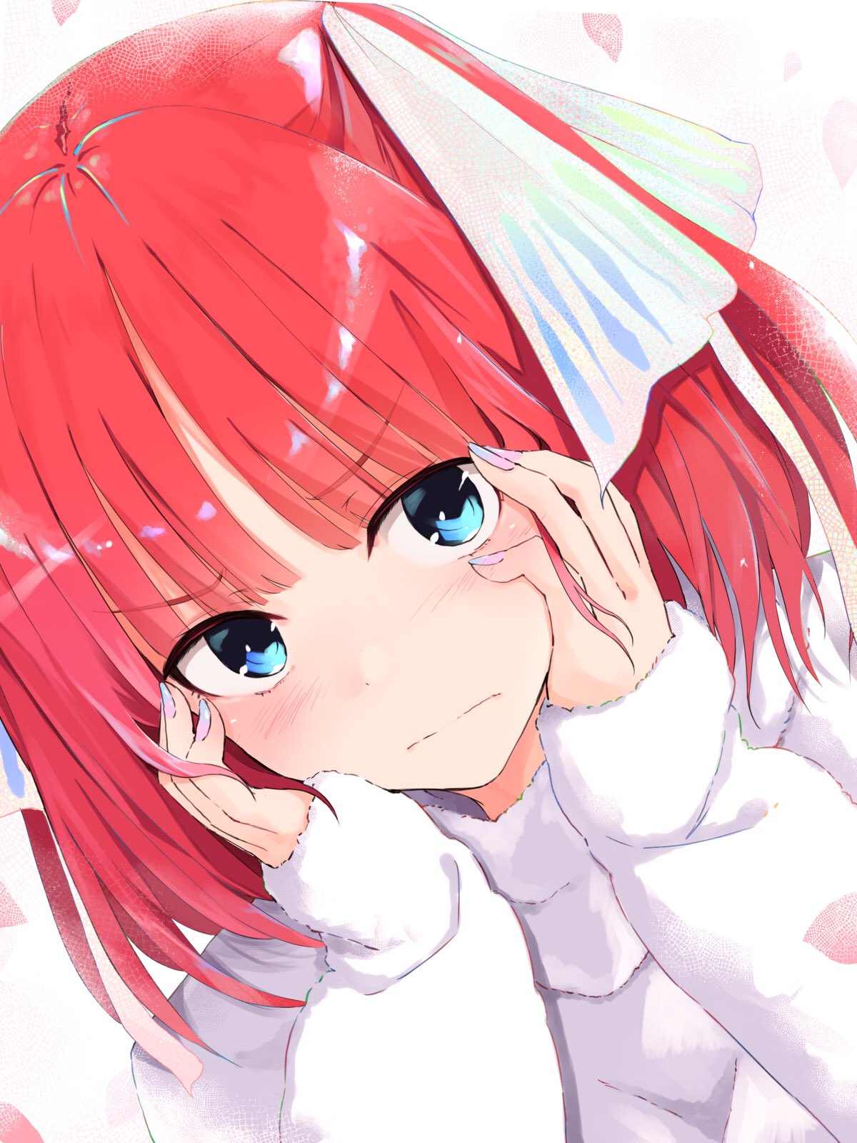 1girl bangs blue_eyes blue_nails blush closed_mouth commentary_request dutch_angle embarrassed eyebrows_visible_through_hair fingernails fuu_(fuore) go-toubun_no_hanayome hair_ornament hands_on_own_cheeks hands_on_own_face highres long_sleeves looking_at_viewer multicolored multicolored_nails nail_polish nakano_nino pink_nails red_hair short_hair solo sweater white_sweater