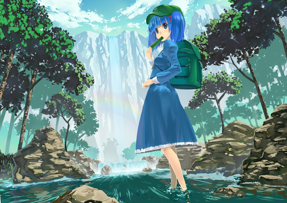 backpack bag bangs blue_eyes blue_hair blunt_bangs cucumber eating forest hair_ribbon hat kawashiro_nitori mouth_hold nature rainbow ribbon river rock solo standing touhou tree twintails two_side_up wading water waterfall yaten