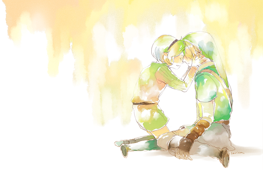 1girl belt blonde_hair chawan10 closed_eyes gloves green_hair hairband hat link md5_mismatch pointy_ears saria short_hair the_legend_of_zelda the_legend_of_zelda:_ocarina_of_time