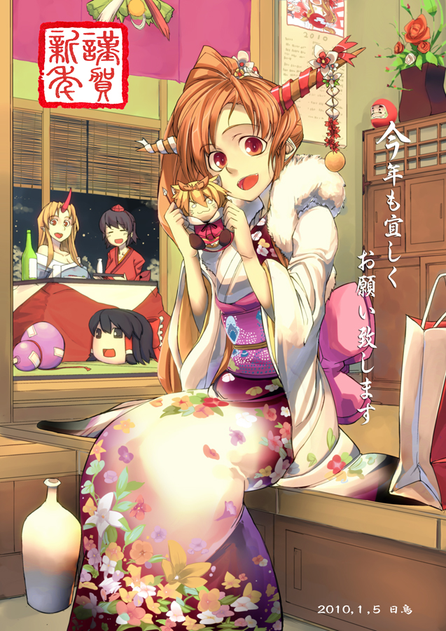 3girls alternate_hairstyle bottle character_doll daruma_doll dated doll floral_print gourd hair_ornament hakurei_reimu hidori_(hibi_toridori) horn horns hoshiguma_yuugi ibuki_suika japanese_clothes kimono kotoyoro multiple_girls new_year open_mouth red_eyes shameimaru_aya sitting smile toramaru_shou touhou yukkuri_shiteitte_ne