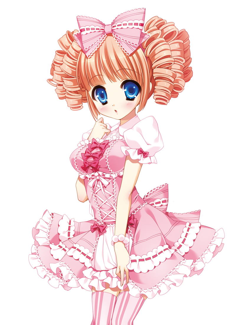 bad_id bad_pixiv_id blue_eyes blush bow drill_hair frills lolita_fashion momoi_komomo orange_hair original pink_legwear solo striped striped_legwear sweet_lolita thighhighs vertical-striped_legwear vertical_stripes