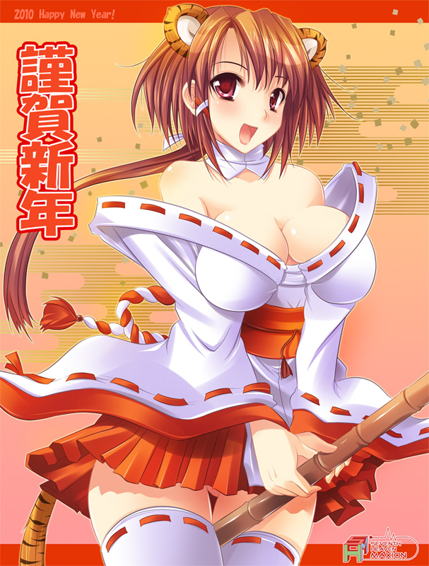 2010 adapted_uniform animal_ears breasts broom brown_hair cleavage japanese_clothes large_breasts maki_(seventh_heaven_maxion) miko new_year original red_eyes solo tail thighhighs tiger_ears tiger_tail