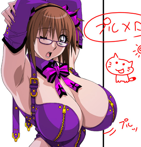 1girl armpits arms_up belt belts big_boobies bow breasts brown_hair cleavage collar corset curvy elbow_gloves female gloves hair_band hairband huge_breasts koutarou latex lowres one_eye_closed open_mouth short_hair solo waist_cincher white_background wink zipper zippers