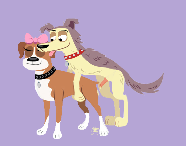 bow canine collar cookie cum duo female feral feral_on_feral knot lucky male mammal plain_background pound_puppies purple_background sex toony