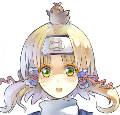 77gl animal animal_on_head bird bird_on_head blonde_hair face forehead_protector frog green_eyes hair_tubes lowres moriya_suwako mystia_lorelei mystia_lorelei_(bird) naruto naruto_(series) on_head open_mouth parody portrait simple_background slit_pupils solo touhou