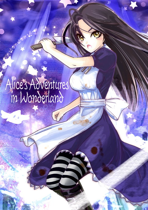 alice alice:_madness_returns alice_(character) alice_(wonderland) alice_in_wonderland american_mcgee's_ american_mcgee's_ american_mcgee's_alice apron black_hair blood dress hysteria knife weapon yellow_eyes