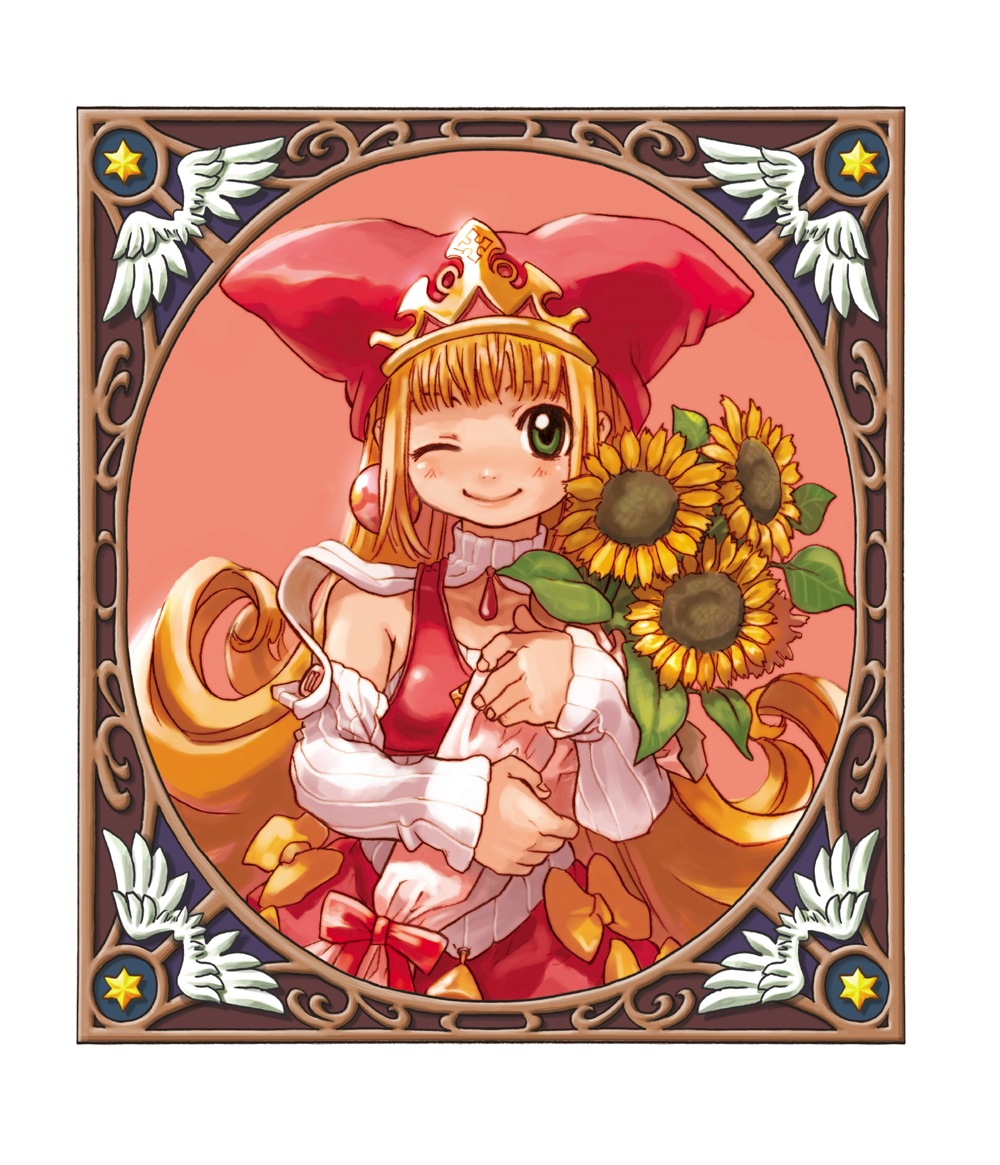 blonde_hair bouquet crown curly_hair flower green_eyes hat kururu_(little_princess) little_princess long_hair marl_kingdom official_art one_eye_closed ryoji_(nomura_ryouji) smile solo