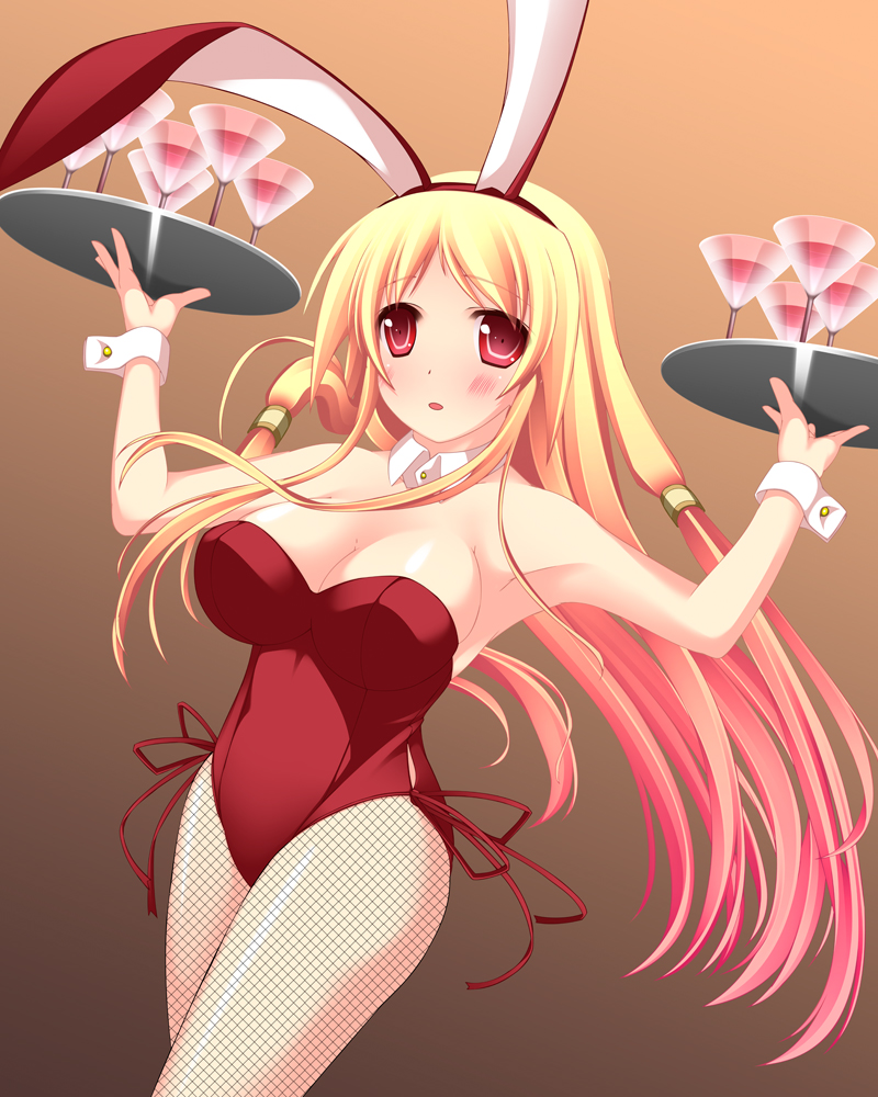 animal_ears blonde_hair breasts bunny_ears bunnysuit cleavage detached_collar fishnet_pantyhose fishnets large_breasts long_hair original pantyhose red_eyes solo tray umitsubame wrist_cuffs