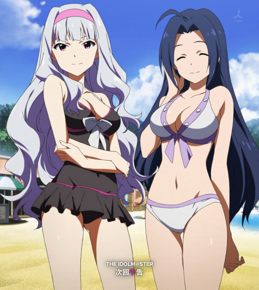 2girls bikini blue_hair breasts cleavage crossed_arms eyes_closed hairband idolmaster long_hair miura_azusa multiple_girls one-piece_swimsuit one_piece_swimsuit purple_eyes shijou_takane stitch stitched swimsuit white_hair