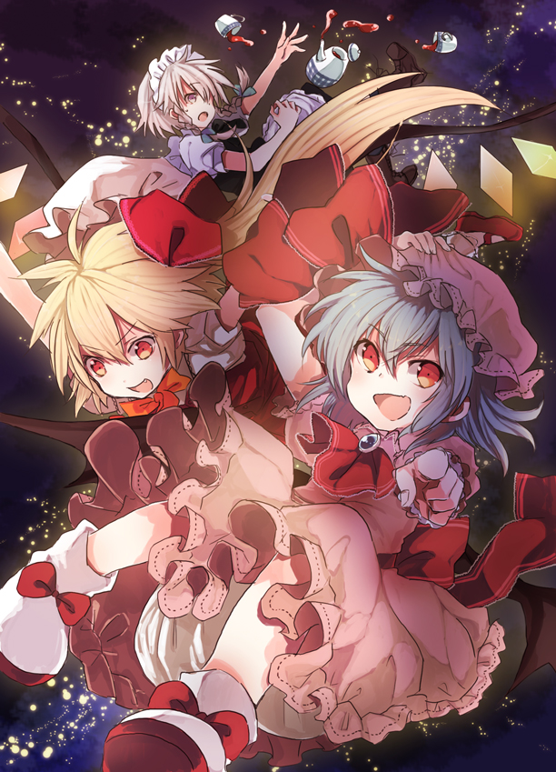 ascot bad_id bad_pixiv_id bat_wings blonde_hair blood blue_hair bow braid brooch cup flandre_scarlet hair_bow hat izayoi_sakuya jewelry maid maid_headdress miya_(tsumazukanai) multiple_girls red_eyes remilia_scarlet short_hair side_ponytail silver_hair touhou twin_braids wings