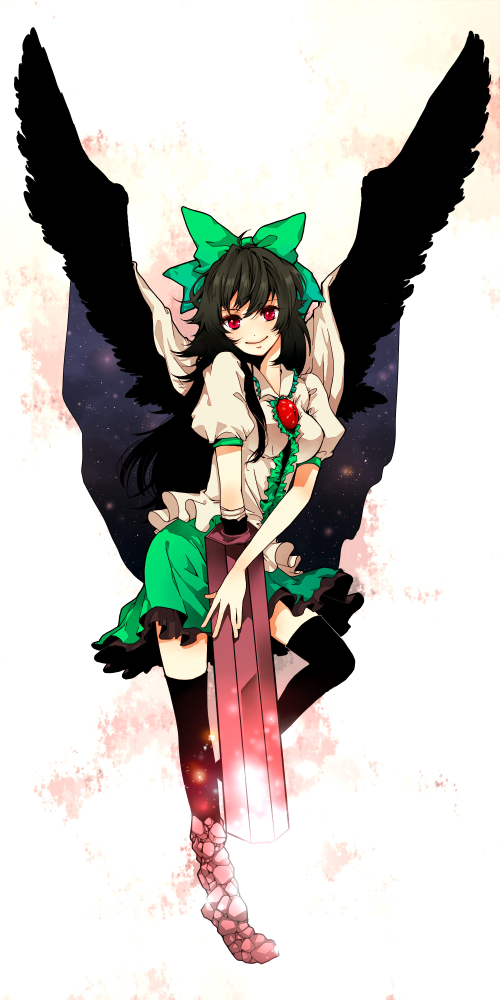 arm_cannon bad_id bad_pixiv_id black_legwear black_wings bow brown_hair cape concrete glowing hair_bow highres long_hair parkestbeat red_eyes reiuji_utsuho shirt skirt smile solo space star_(sky) thighhighs third_eye touhou weapon wings zettai_ryouiki