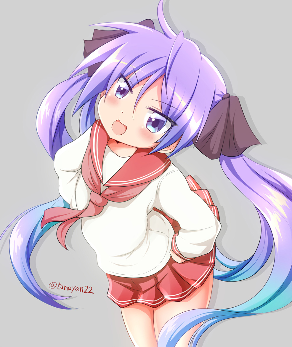 1girl :d bangs blue_hair blush brown_ribbon commentary_request drop_shadow eyebrows_visible_through_hair gradient_hair grey_background hair_between_eyes hair_ribbon hands_on_hips hiiragi_kagami long_hair long_sleeves looking_at_viewer lucky_star multicolored_hair open_mouth pink_neckwear pleated_skirt purple_eyes purple_hair red_sailor_collar red_skirt ribbon ryouou_school_uniform sailor_collar school_uniform serafuku shirt skirt smile solo tamayan twintails twintails_day twitter_username very_long_hair white_shirt