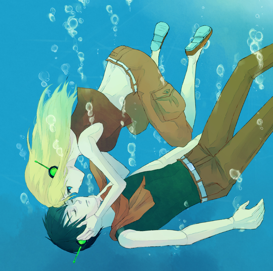 cool_colors curly_brace drowning eye_contact female looking_at_each_other machine male mechanical ozenzen quote_(cave_story) robot underwater video_games water