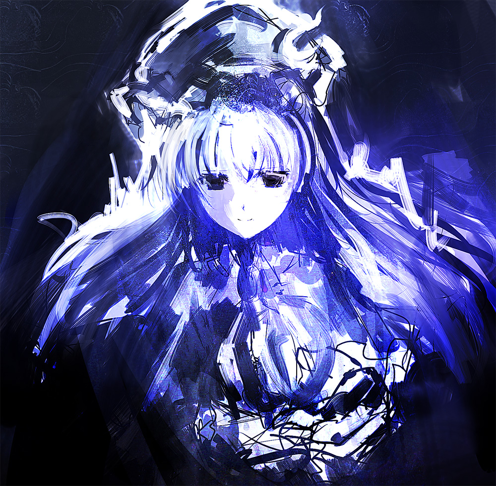 bangs blue mark_(heaven) monochrome patchouli_knowledge sad sketch smile solo touhou