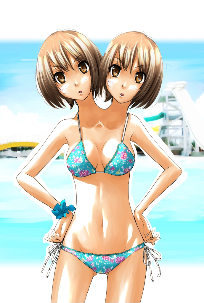 bikini brown_eyes cleavage conjoined multi_head open_mouth swimsuit twins