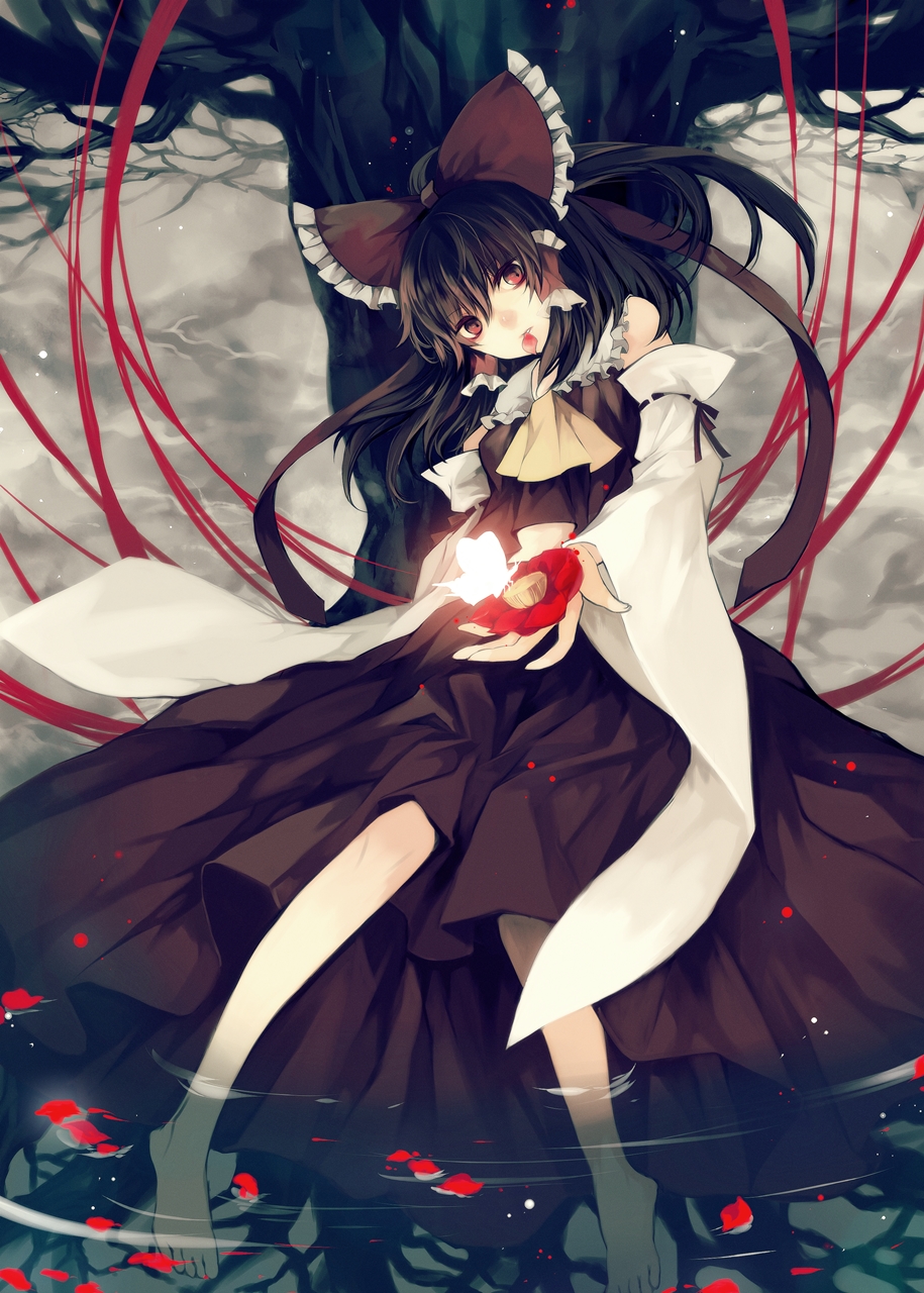ascot bad_id bad_pixiv_id barefoot bow brown_eyes brown_hair bug butterfly detached_sleeves flower fog hair_bow hair_tubes hakurei_reimu highres hina_(pico) insect long_sleeves midriff mouth_hold outstretched_hand petals ribbon shirt skirt skirt_set soaking_feet solo touhou tree water