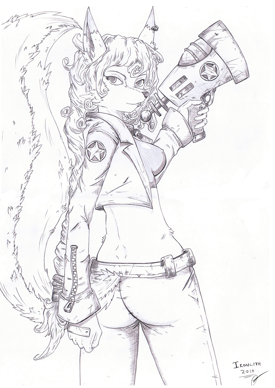 breasts canine carmelita_fox female fox greyscale gun ironlith ironlith(artist) line_art looking_at_viewer mammal monochrome plain_background ranged_weapon sketch sly_cooper sly_cooper_(series) solo star tail video_games weapon white_background zipper