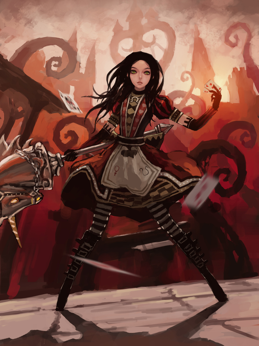 alice:_madness_returns alice_(character) alice_(wonderland) alice_in_wonderland american_mcgee's_alice american_mcgee's_alice artist_request black_hair card green_eyes highres hobby_horse weapon
