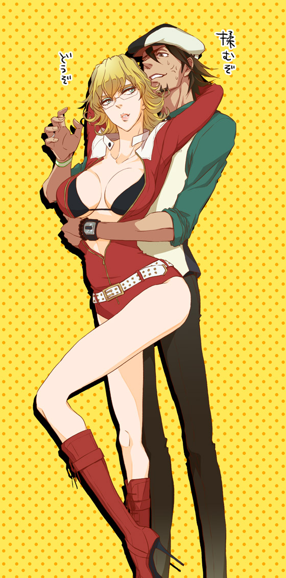 1girl barnaby_brooks_jr belt bikini_top blonde_hair boots breasts brown_hair cabbie_hat check_translation cleavage genderswap genderswap_(mtf) glasses hat hug hug_from_behind jacket kaburagi_t_kotetsu large_breasts open_clothes open_jacket red_jacket studded_belt tiger_&amp;_bunny translation_request yabuki_(pennyroyal)