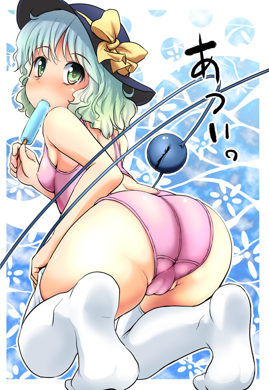 adjusting_clothes adjusting_legwear armpits ass breasts cameltoe eating fat_mons food green_eyes green_hair hat hat_ribbon kneeling komeiji_koishi kou_(haijindeath) looking_back nipples no_shoes one-piece_swimsuit popsicle ribbon sexually_suggestive small_breasts solo swimsuit thighhighs third_eye touhou trefoil white_legwear