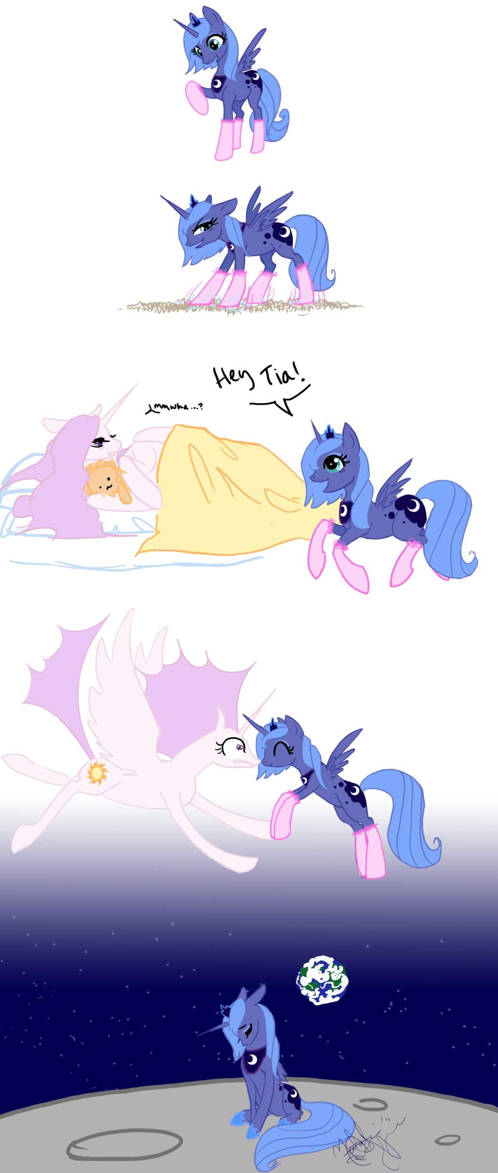 alicorn bed blue_hair comic crown cutie_mark duo emeralddarkness equine female feral friendship_is_magic hair hasbro horn horse mammal moon my_little_pony overreaction pegacorn plain_background pony princess_celestia_(mlp) princess_luna_(mlp) sibling siblings sisters socks static_electricity tail to_the_moon trick white_background winged_unicorn wings