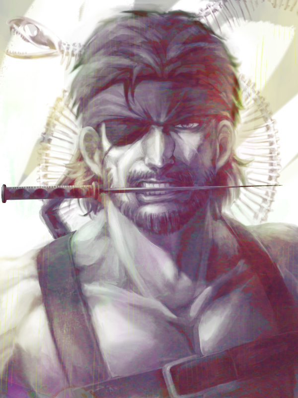 bandana beard big_boss eyepatch facial_hair knife male_focus manly metal_gear_(series) metal_gear_solid mouth_hold mustache muted_color skeleton snake solo sutocking