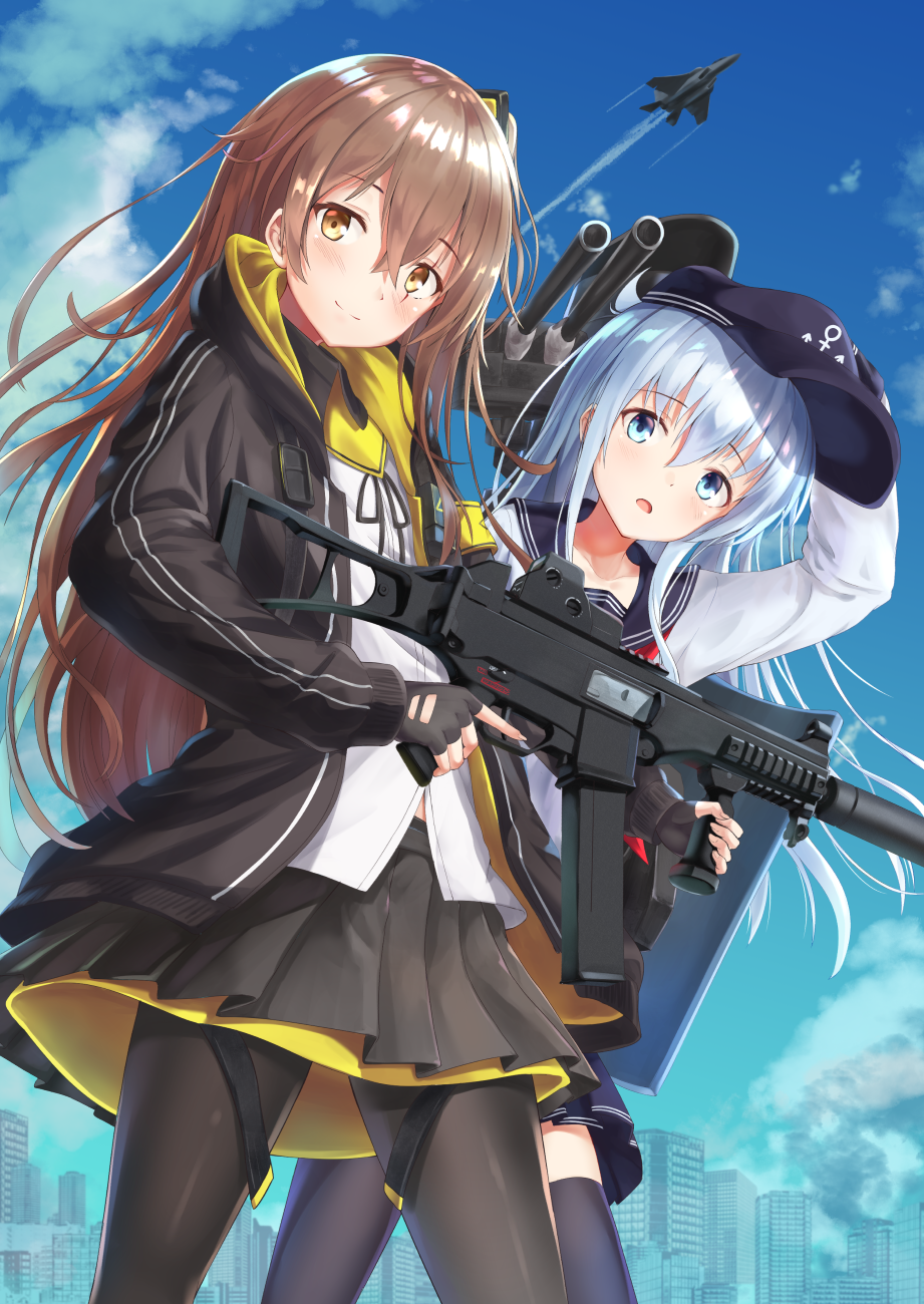 2girls aircraft airplane akabane_hibame armband bangs black_legwear black_ribbon blue_eyes blue_sky blush brown_hair cannon closed_mouth cloud condensation_trail day eyebrows_visible_through_hair fighter_jet fingerless_gloves flat_cap girls_frontline gloves gun h&amp;k_ump h&amp;k_ump45 hair_between_eyes hair_ornament hat heckler_&amp;_koch hibiki_(kantai_collection) highres holding holding_gun holding_weapon hood hood_down hooded_jacket jacket jet kantai_collection long_hair long_sleeves looking_at_viewer military military_vehicle multiple_girls neck_ribbon one_side_up open_mouth outdoors pantyhose pleated_skirt ribbon rigging scar scar_across_eye school_uniform serafuku shirt sidelocks silver_hair skirt sky smile submachine_gun thighhighs turret ump45_(girls_frontline) untucked_shirt weapon white_shirt yellow_eyes