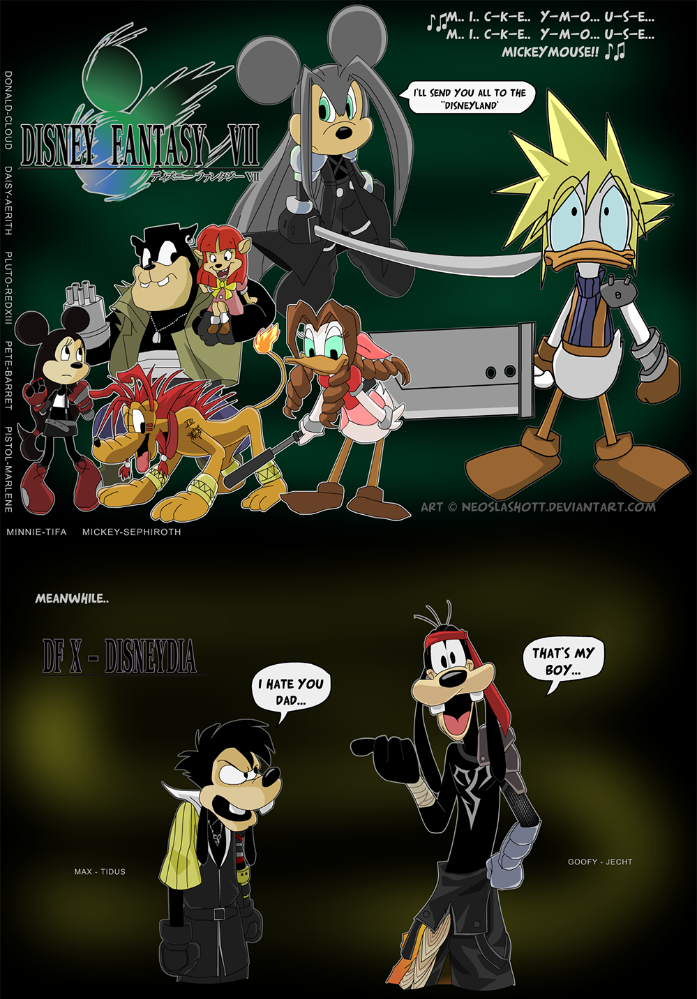 aerith_gainsborough_(cosplay) barret_wallace barret_wallace_(cosplay) cloud_strife cloud_strife_(cosplay) commentary cosplay crossover daisy_duck disney dissidia_final_fantasy donald_duck english father_and_daughter father_and_son final_fantasy final_fantasy_vii final_fantasy_x goof_troop goofy highres jecht jecht_(cosplay) marlene_wallace marlene_wallace_(cosplay) max_goof mickey_mouse minnie_mouse neoslashott no_humans parody pete pete_(disney) peter_pete pistol_pete pluto_(disney) red_xiii red_xiii_(cosplay) sephiroth sephiroth_(cosplay) tidus tidus_(cosplay) tifa_lockhart tifa_lockhart_(cosplay) watermark web_address