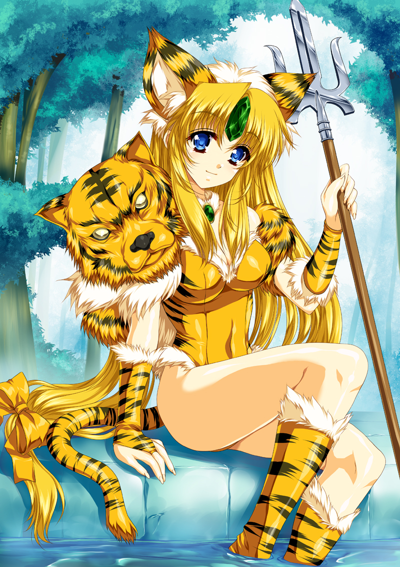 2010 animal_ears animal_print blonde_hair blue_eyes boots bow bridal_gauntlets error hair_bow knee_boots long_hair low-tied_long_hair new_year polearm riesz seiken_densetsu seiken_densetsu_3 solo tail tamiya_akito tiger_ears tiger_print tiger_tail very_long_hair weapon