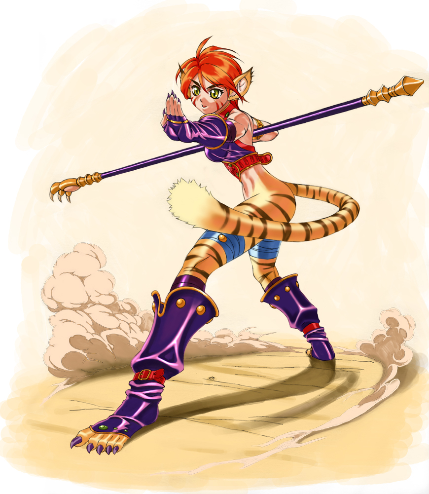 animal_ears bad_id bad_pixiv_id boots breath_of_fire breath_of_fire_ii claws d-suke foreshortening knee_boots red_hair rinpoo_chuan solo staff tail yellow_eyes