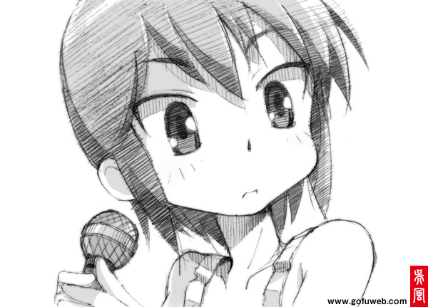a_channel bare_shoulders gofu greyscale ichii_tooru microphone monochrome short_hair sketch solo spot_color traditional_media