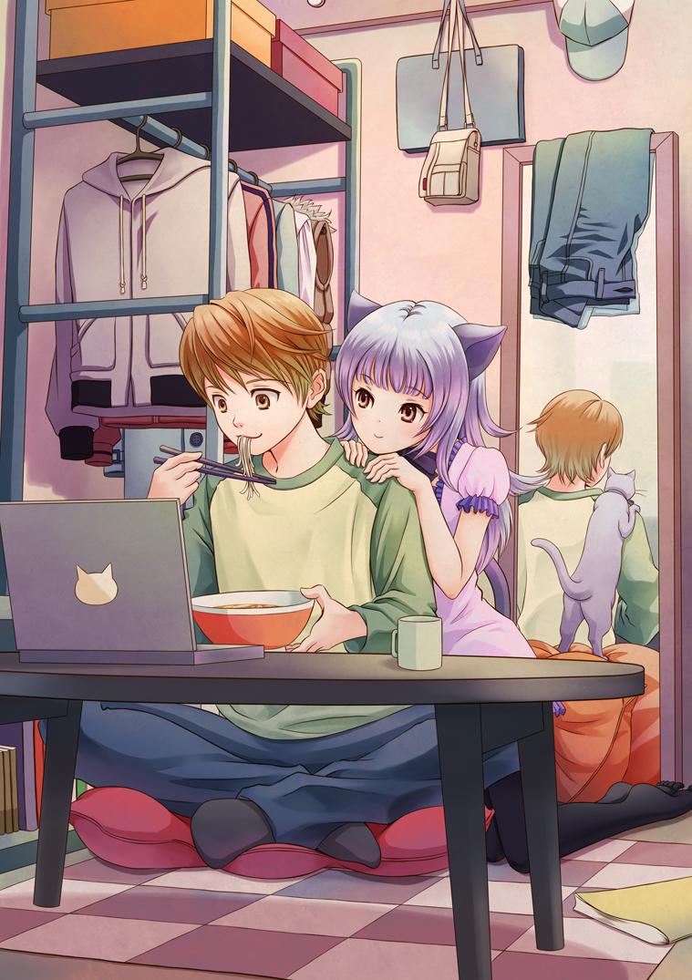 1girl animal_ears black_legwear blush brown_eyes brown_hair cat cat_ears cat_tail commentary_request computer dress eating inaho_minato laptop long_hair mirror original pantyhose personification pillow purple_hair short_hair sitting smile tail