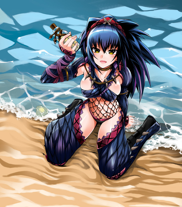 amagai_yukino arm_support beach blue_hair blush bottle breasts fishnets large_breasts long_hair monster_hunter nargacuga_(armor) navel open_mouth outdoors sitting solo wariza water yellow_eyes
