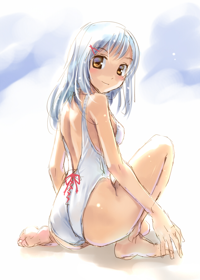 barefoot blue_hair brown_eyes closed_mouth face feet full_body hands katahira_masashi looking_back one-piece_swimsuit original short_hair silver_hair sketch smile solo squatting swimsuit
