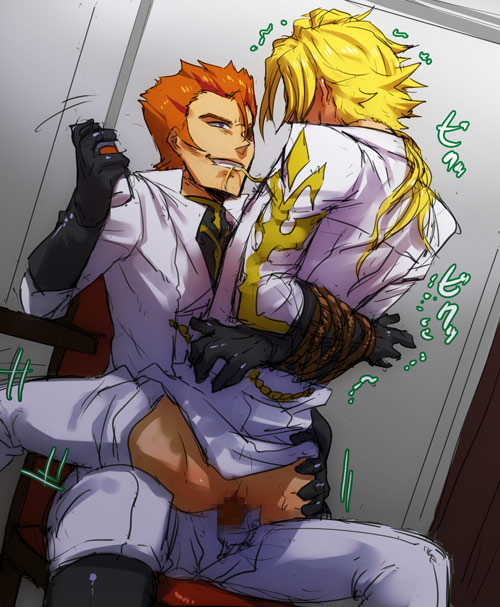 2boys anal arms_behind_back artist_request ass ass_grab bdsm blonde_hair bondage bound bound_arms censored character_request code_geass gino_weinberg gino_weinburg gloves in_lap kiritachi luciano_bradley male male_focus multiple_boys orange_hair rope sex sitting source_request uniform yaoi
