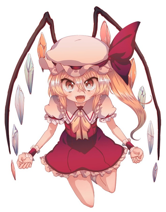 ascot bad_id bad_pixiv_id blonde_hair bow brown_eyes cream_(nipakupa) dress fangs flandre_scarlet hat hat_bow open_mouth red_eyes short_hair side_ponytail simple_background skirt skirt_set smile solo touhou white_background wings wrist_cuffs