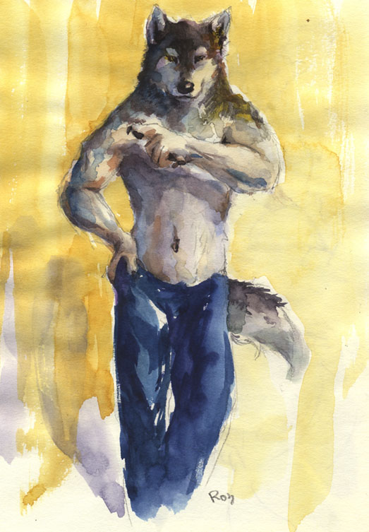 canine chromatic_background clothing looking_at_viewer male mammal overweight pants pointing pose racoonwolf solo topless wolf