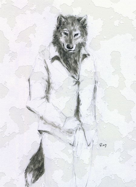 greyscale looking_at_viewer male mammal monochrome plain_background racoonwolf sketch solo suit white_background wolf