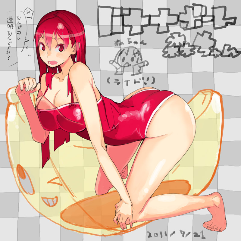 &gt;_o :&lt; ass banana breast_press breasts checkered checkered_background chibi chibi_inset cleavage dated food fruit grin large_breasts long_hair mori_hikiko on_banana one_eye_closed original red_eyes red_hair red_swimsuit smile swimsuit teriyaki translation_request