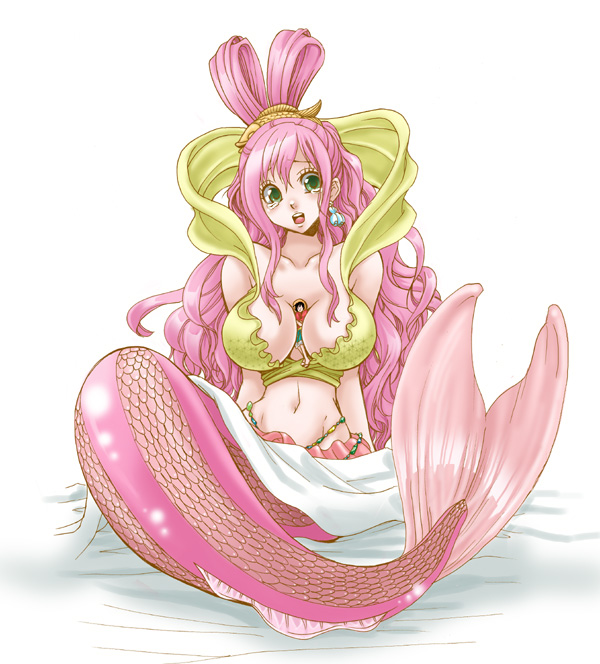 1boy 1girl bed_sheet bedsheets between_breasts breasts chikaburo cleavage earrings female fishman_island giantess green_eyes hat jewelry long_hair male mermaid midriff monkey_d_luffy monster_girl navel one_piece pink_hair pirate princess red_shirt sandals shirahoshi shirt shorts sitting size_difference straw_hat tail tears